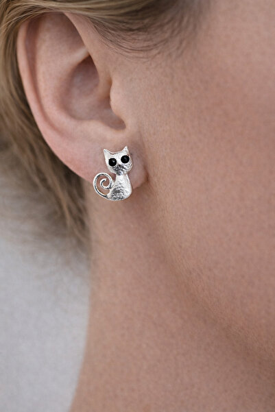 Takıtolia Zcat Minimal Design Silver Cat Earrings with Cat Figure in Silver C...