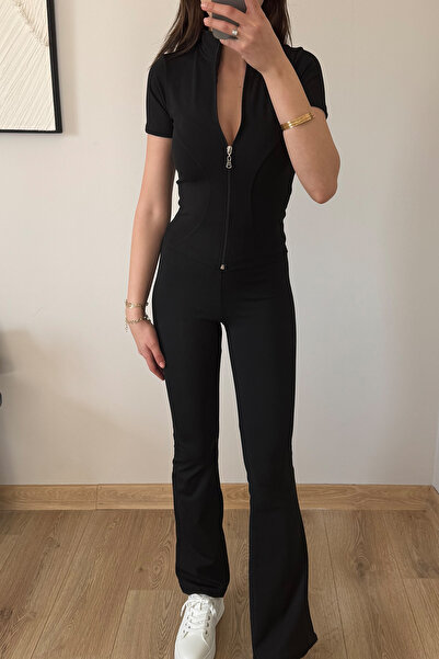 İlayda Toprak Voga Basic Siyah Fitness Slim Fit Fermuarlı 2'li Spor Tayt Takım