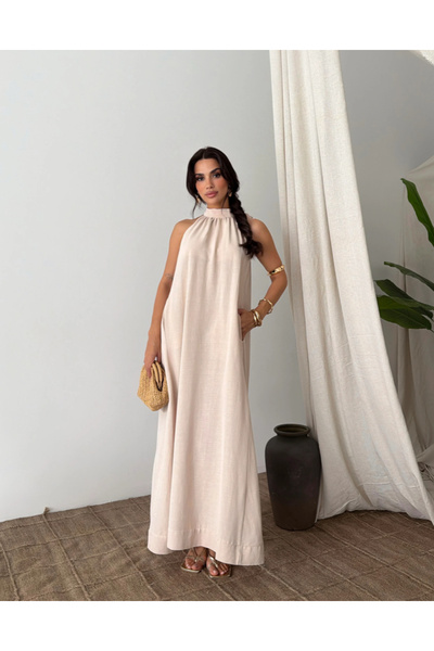 FEMMESTUDIO Women's Ecru Halter Neck Dress Tie-Detail