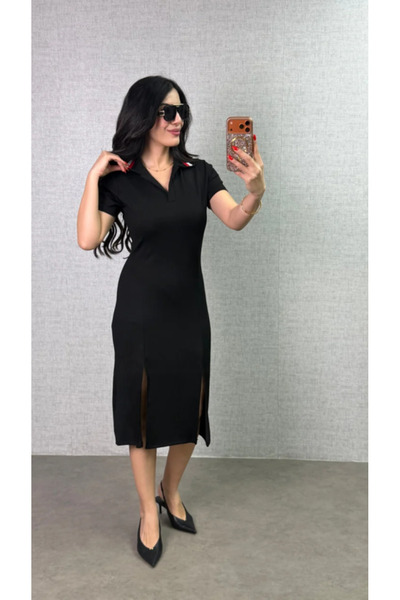 civetta Women's Polo Collar Double Slit Detail Modal Fabric Midi Length Dress