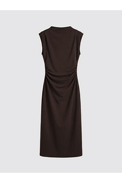 LC Waikiki Φόρεμα LCW Vision σε καφέ χρώμα με όρθιο γιακά και κορδόνι περίσφιξης