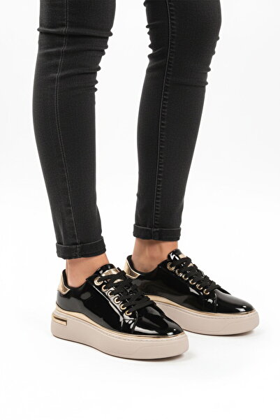 Aspor Black Patent Leather Lace-Up Women's Sneaker