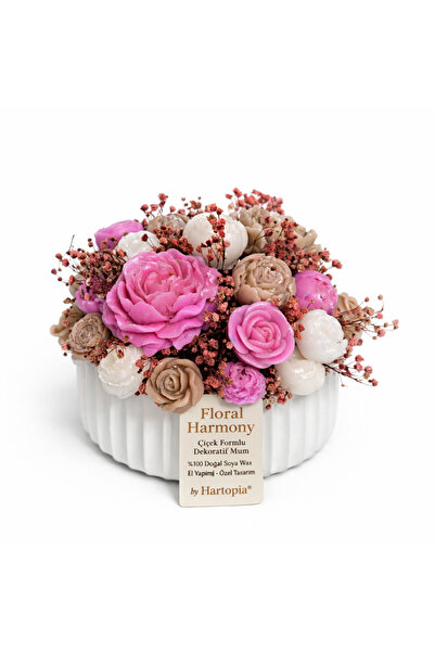 HARTOPİA Floral Harmony Pembe Gül Mum Buketi – El Yapımı Soya Wax Dekoratif M...