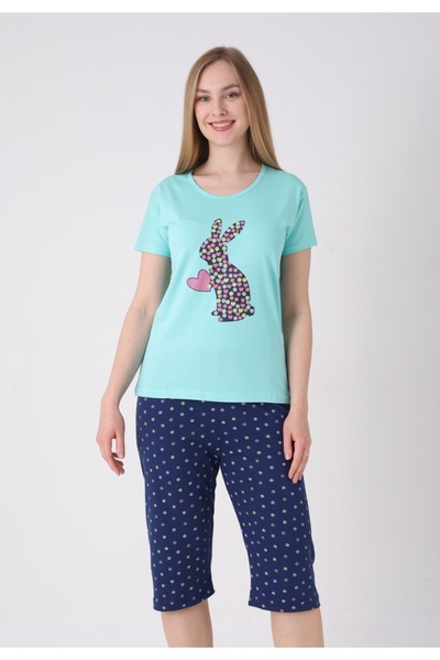 Serena Women's pajamas with Patterned , green - Cotton t-shirt and 3/4 pants