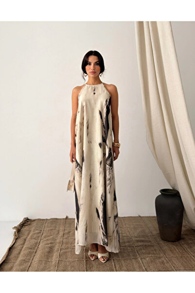 FEMMESTUDIO Women's Ecru Halter Neck Patterned Dress