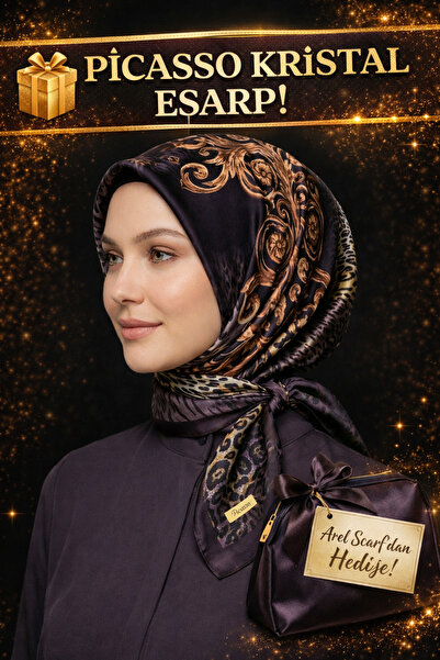 Picasso İpek Görünümlü Siyah, Fuşya, Gold Kristal Eşarp – Twill Şık Tasarım 9...