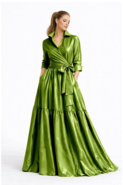 UNTIMELY Kruvaze Kapamalı & Fırfırlı Yağ Yeşili Tafta Maxi Gömlek Elbise