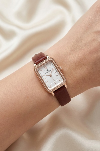 Daniel Klein Bordo Deri Kordonlu Taşlı Dikdörtgen Vintage Kadın Kol Saati