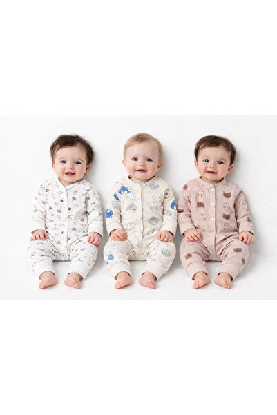 Roza Erkek Bebek Baskili Pamuklu Mansetli 3'lü Tulum Renkli Desenli 3 6 9 Ay ...