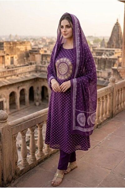 Genaric Women’s Purple Anarkali Kurta Set with Dupatta–Ethnic Motif Embroidered Cotton Kurti with Trousers