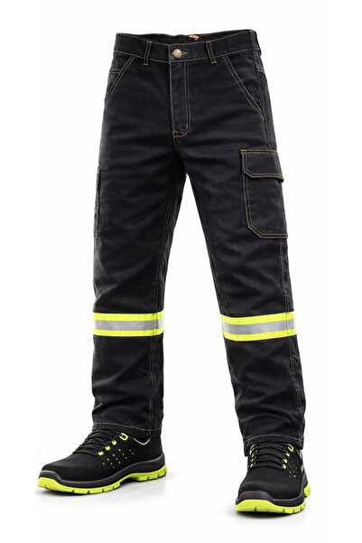 Önlem İş Likralı Siyah Denim Reflektörlü İş Pantolonu – Kargo ve Kumpas Cepli...