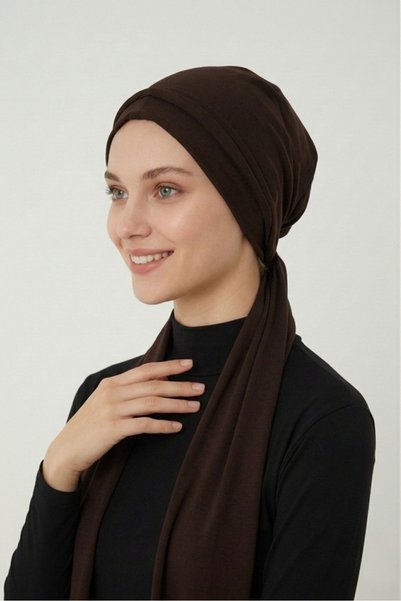 elysianfidan Tie-Detail Brown Ready-To-Wear Turban Hijab Cap Suitable for Medical Use