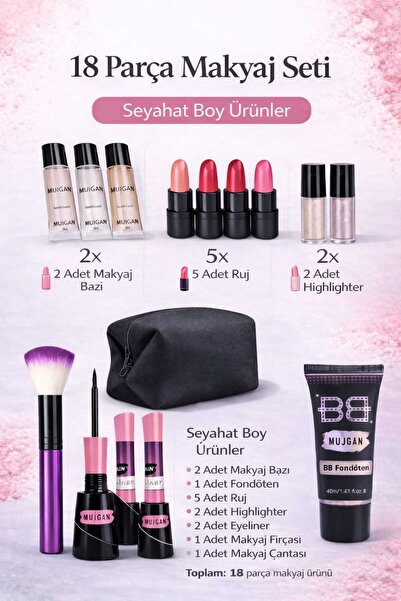MUJGAN 18 Parça Makyaj Seti – Seyahat Boy Ürünler,