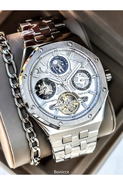 Ferrucci Automatic Battery-Free, Steel Band,Multifunctional,Silver Color,Real...