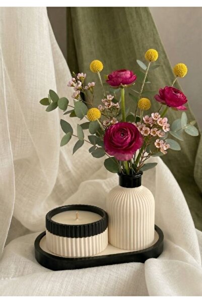 eryahome Modern Dekoratif 3'lü Set - Oluklu Vazo, Kokulu Mum ve Sunum Tepsisi