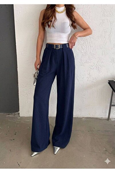 By Kuzey Aras Women's High Waist Belt Pack Knitted Crepe Fabric Pleated Wide ...