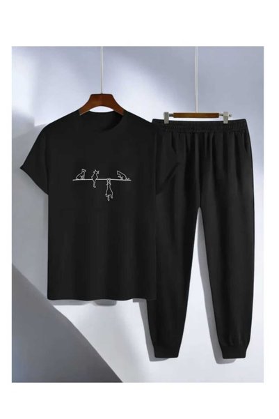 LAVİTTA T-shirt Sweatpants Jogger- Black Printed Bottom Top Tracksuit Set Ove...