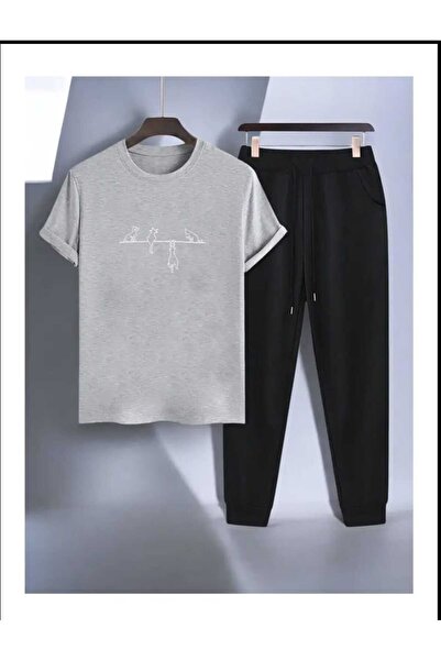 LAVİTTA تي شيرت سويت بنطلون رياضي - أسود مطبوع عليه طبعة من الأسفل، طقم بدلة ...