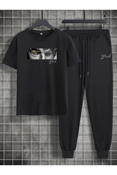 LAVİTTA Bear Men's Black Vertical Printed Oversized Tracksuit Set