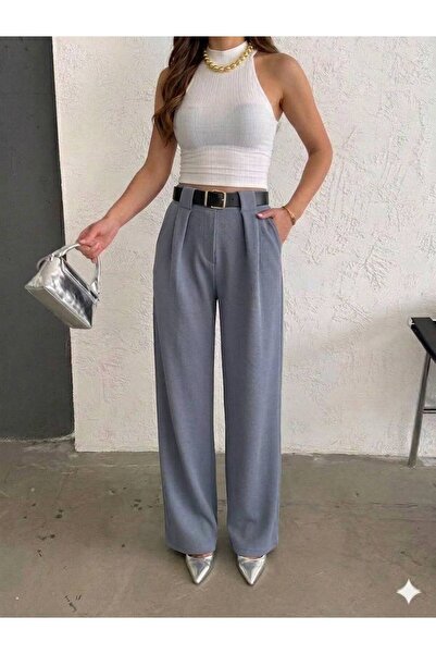 By Kuzey Aras Women's High Waist Belt Pack Knitted Crepe Fabric Pleated Wide ...