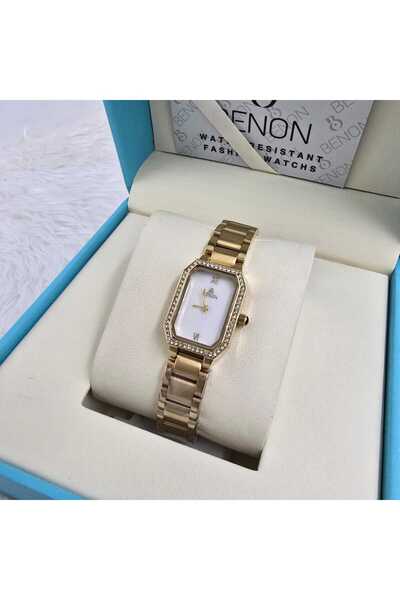 benon ساعة نسائية ماركة بينون (Benon) تأتي بتصميم مستطيل باللون الذهبي وميناء...