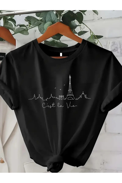 HOFFNUNG Unisex Short Sleeve Round Neck Paris Cest La Vie Printed Solid Color...