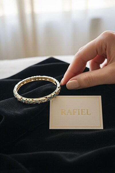 rafiel Gold Kaplama Turkuaz Mineli Çiçek Motifli Kelepçe Bilezik