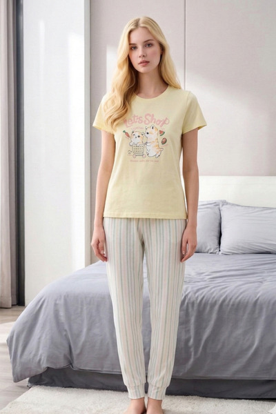 vory Women's Yellow Cat Let's Shop Printed Pajama Set - Cotton Piece Set with...