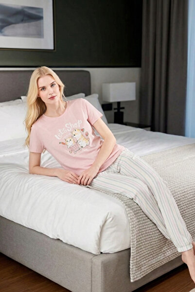 vory Women's Pink Cat Print Let's Shop Printed Pajama Set - Striped Pants Cot...