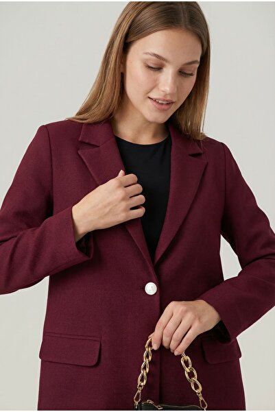 NEFESSE Kadın Tek Düğmeli Likralı Cepli Blazer Ceket -Bordo