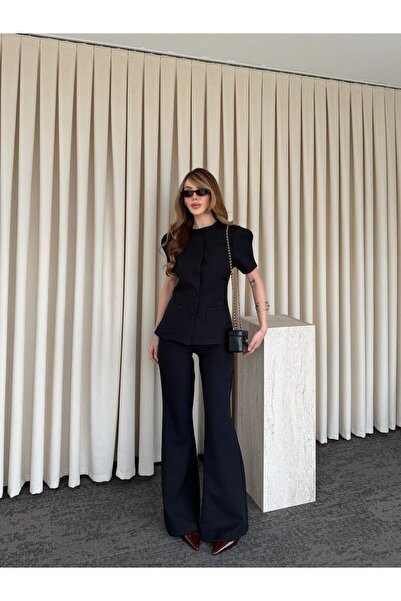 mafdress Kadın Yuvarlak Yaka Siyah Düğme Ve Cep Detay Takım