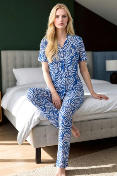 vory Women's Yaprak Patterned Shirt Collar Pajama Set - Buttoned Cotton Piece...