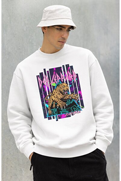 Fuddy Moda Unisex Oversized Def Leppard Animal Printed Crew Neck Hoodless Swe...
