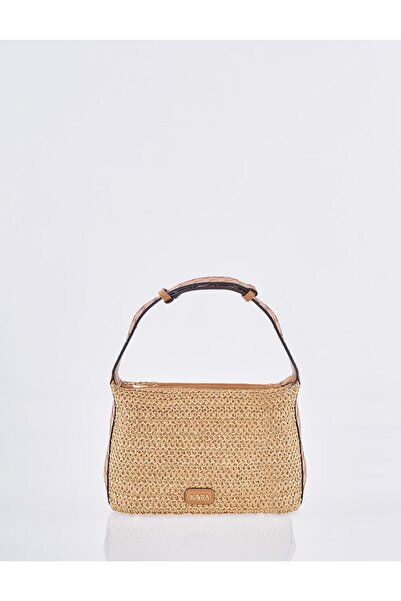Kayra Δερμάτινο Λεπτομερές Ψάθινο Υλικό Τσάντα Ταν