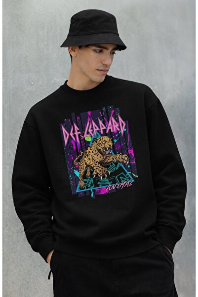 Fuddy Moda Unisex Oversized Def Leppard Animal Printed Crew Neck Hoodless Swe...