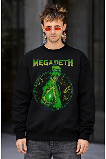 Fuddy Moda Unisex Oversized Green Megadeth Printed Crew Neck Hoodless Sweatshirt