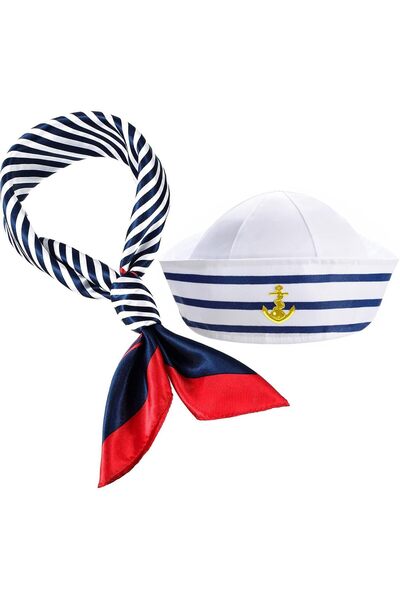 Arabest طقم قبعة قبطان بحري من قطعتين مع بوشاح، زي بحري قطن لحفلات التنكر