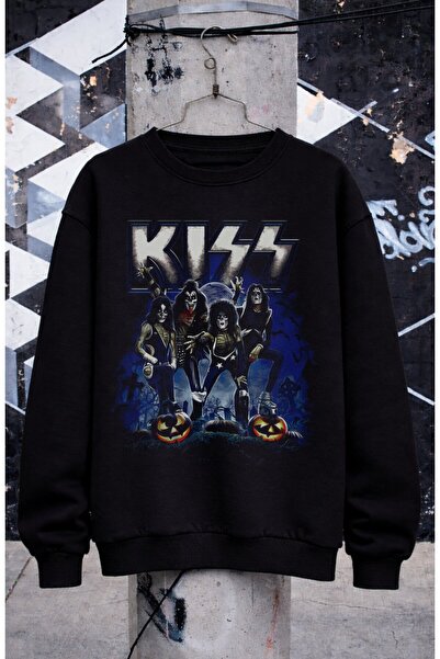 Fuddy Moda Unisex Oversized Kiss Halloween Printed Crew Neck Hoodless Sweatshirt