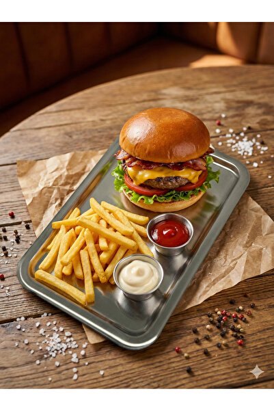 Empressco 28x18 cm Paslanmaz Çelik Servis Tepsisi, Fast Food ve İçecekler içi...
