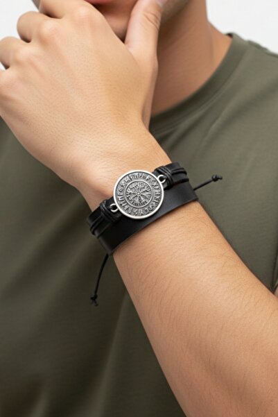 AB Takı 2'li Vegvisir Pusula Tasarım Gerçek Deri Bileklik Erkek Bileklik