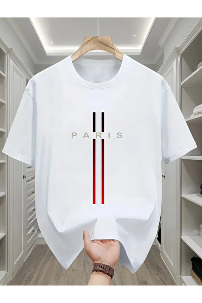 HOFFNUNG تي شيرت للجنسين بأكمام قصيرة وياقة دائرية مطبوع عليه باريس بلون واحد