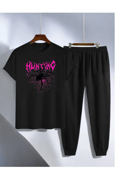 LAVİTTA تي شيرت سويت بنطلون رياضي - أسود مطبوع عليه طبعة من الأسفل، طقم بدلة ...