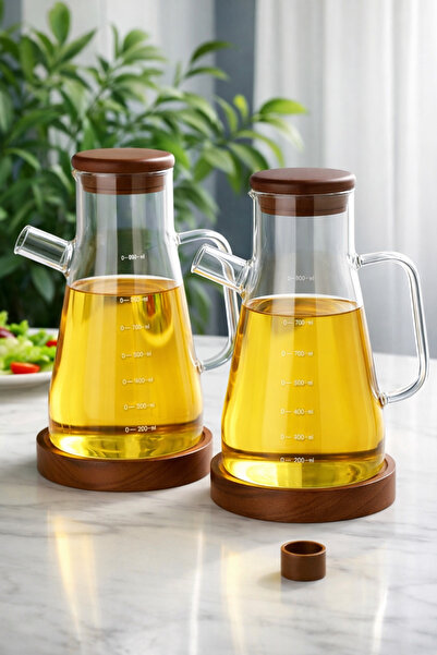 Kezze 2'li 900 ml Cam Yağdanlık Seti - Akasya Kapaklı Akasya Altlıklı Ölçekli...