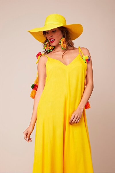 Hazinedan Authentic Women's Jumpsuit with Pompoms, Boho Yellow Baggy Pants