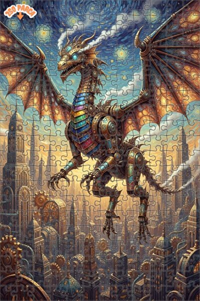 Esranın Dünyası Steampunk Dragon Oil Painting Look Double Layer Framed Wooden...