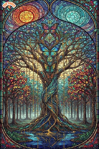 Esranın Dünyası Hayat Ağacı Kelebek Görünümlü Cam Mozaik Sanatı Çift Katlı Çe...