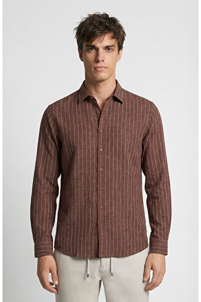 Network Kahverengi Çizgi Desenli Comfort Keten Gömlek