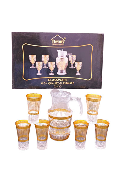 Tımmy Glassware Set 220ML Goblets with 1620ML Jug Gold Decorative Premium Bev...
