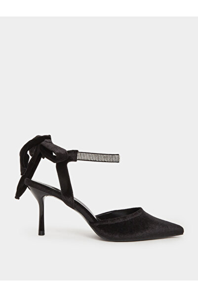 Styli Black Velvet Pointed Heels with Diamante Ankle Tie