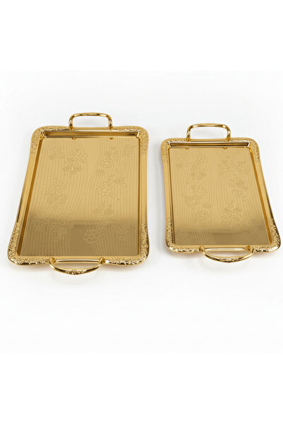 AKDC Pilsco 2-Piece Rectangular Golden Serving Tray Set with Handles